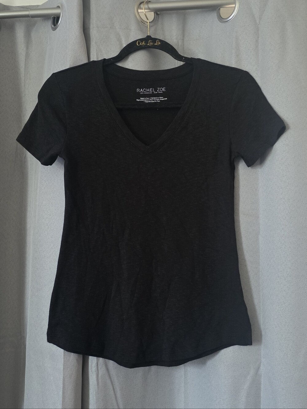 Rachel Zoe Cotton Modal Blend Tonal Black V Neck T Shirt XS